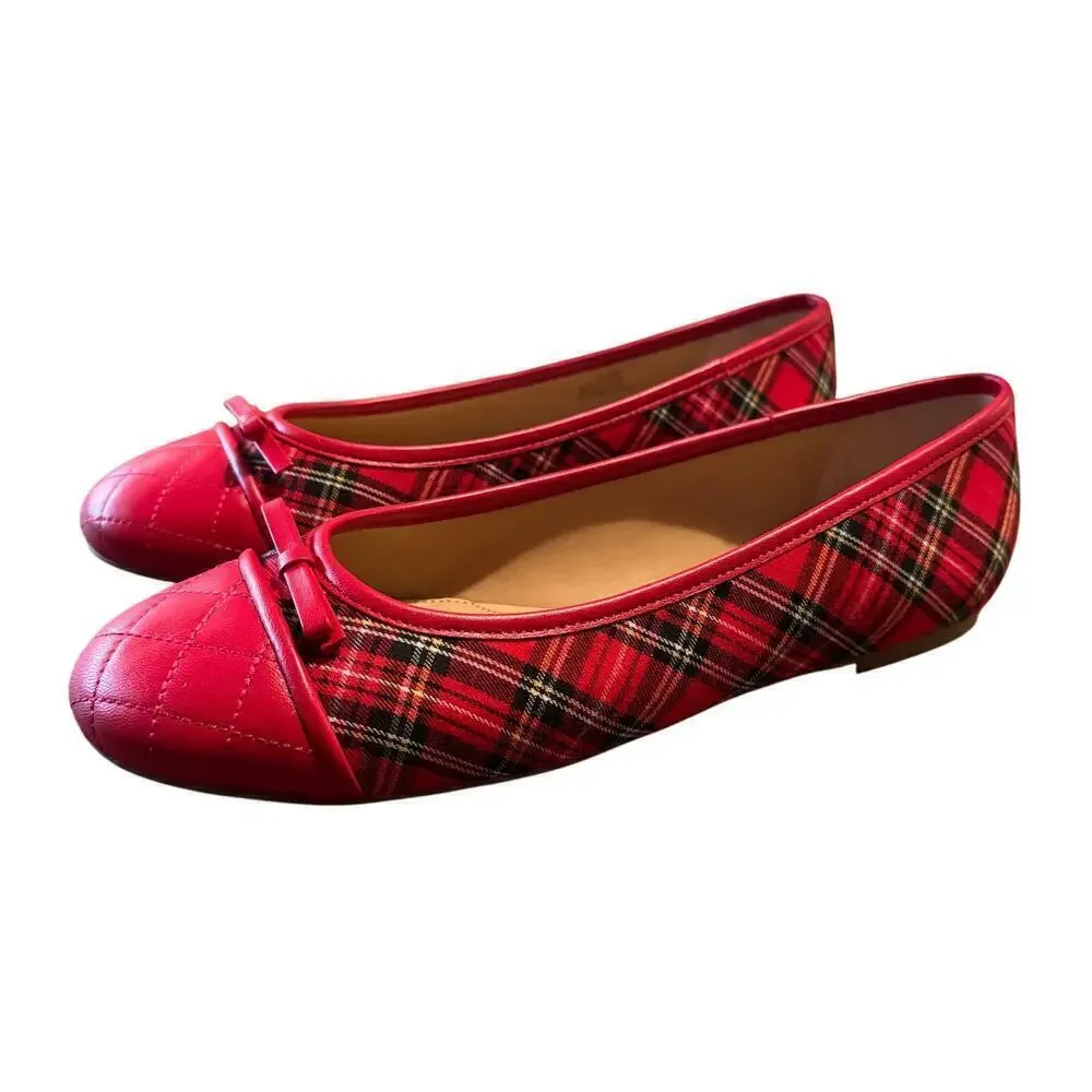 Talbots BLAIR CAP TOE BALLET FLATS TARTAN PLAID Red Size 10.5